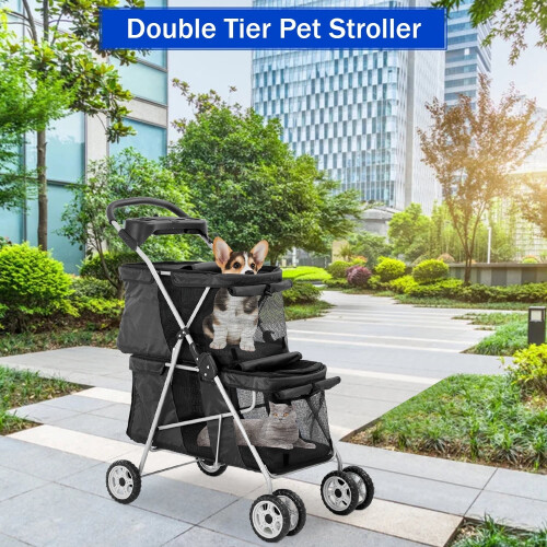 Kæledyrsklapvogn til små, mellemstore hunde, katte, sort, foldbar 1