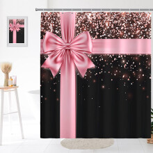 Ruusukultainen glitter-suihkuverho, pinkki rusettikuvio, 72x72", pestävä polyesteri, 12 koukkua, naisille ja tytöille –