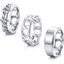 Conjunto de 3 anillos de acero inoxidable para hombre: liso, estilo cubano y giratorio, tallas 6-14, apto para bodas o compromisos.