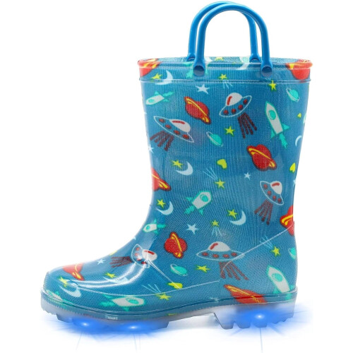 Botas de chuva infantis impermeáveis com luzes, estampas e glitter, com alças, para meninos e meninas.