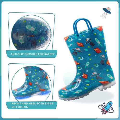 Botas de chuva infantis impermeáveis com luzes, estampas e glitter, com alças, para meninos e meninas. 2