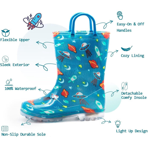 Botas de chuva infantis impermeáveis com luzes, estampas e glitter, com alças, para meninos e meninas. 1