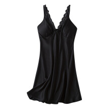 Dam Inbyggd BH Sovplagg Enfärgad Lös Pyjamasklänning 100% Polyester Issiden Loungekläder M-XL Bekväm Nattlinne Morgonrock Svart