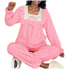 Dames winterflanellen pyjamaset, dubbelzijdig fleece, prinsessenstijl loungeset, top met vierkante hals en broek, zachte, warme thermische