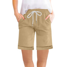 Bermuda feminina cáqui – algodão e linho, cintura elástica, cordão, bolsos, shorts casuais de verão, ideais para climas quentes.