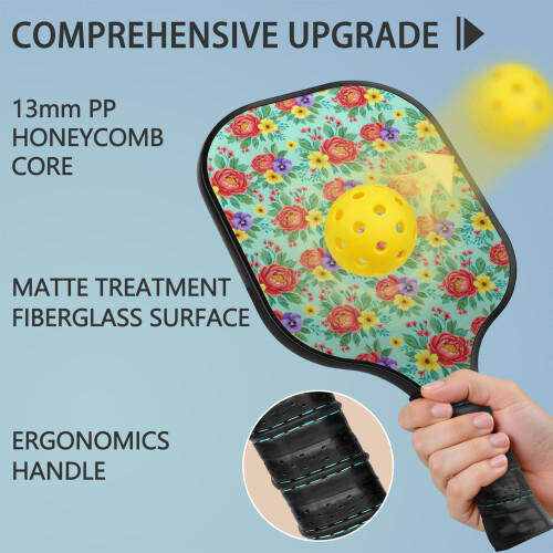 Σετ κουπιών Pickleball από fiberglass με λουλούδια και 2 μπάλες και τσάντα – Συμβατό με 1