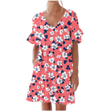 Robe d'été décontractée à imprimé cerises, col en V et manches à volants pour femme, tailles S à 2XL, en polyester-élasthanne extensible.