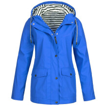 LoyisViDion Abrigo para mujer, chaqueta impermeable lisa para exteriores, talla grande, impermeable con capucha, cortavientos, azul, 14 (XL)