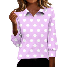 Damen-Top, lässiges bedrucktes V-Ausschnitt-Top mit schmalen 3/4-Ärmeln für den Herbst, gepunktete Bluse mit Reverskragen für Damen.