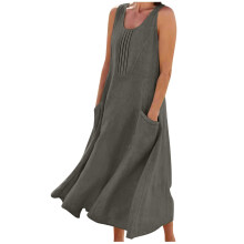 Abito casual da donna, tinta unita, scollo a V, senza maniche, con tasche, lungo fino ai piedi, in misto cotone e lino, fluido e comodo per l'estate,