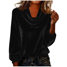 Damen-Top, einfarbig, mit plissierten Stretchbündchen, langen Ärmeln und V-Ausschnitt, Pullover, Bluse in Samtoptik für Winter und kaltes Wetter.