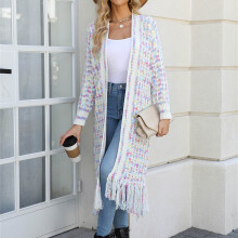 Dames boho vest met open voorkant, maxi gebreide trui, Azteekse tribale stijl met kwastjes en franjes, dunne jas