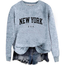 Cardigan da donna con stampa a lettere, scollo rotondo, spalle scese, maniche lunghe, senza cappuccio, colore azzurro cielo, taglia 3XL