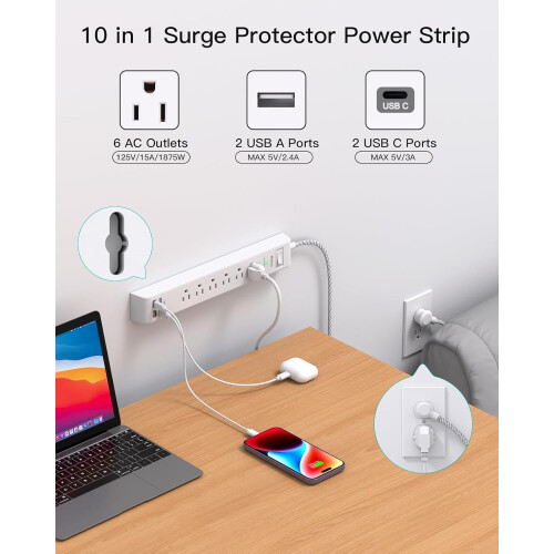Πολύπριζο 2 τεμαχίων με 6 πρίζες & 4 USB (2x USB-C), καλώδιο 1,5 μέτρων, επίπεδο βύσμα, 1