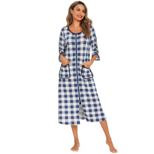 Damen-Hausmantel aus Baumwolle mit 3/4-Ärmeln, lockerer Schnitt, Reißverschluss vorne, kariertes Muster, bodenlang, mit Taschen, Größen S-XXL