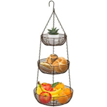 Panier suspendu à 3 niveaux pour fruits, organisateur de cuisine robuste en fil métallique avec 2 crochets de plafond métalliques offerts (bronze)