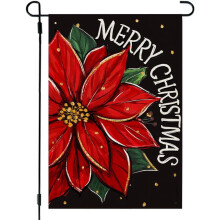 Bandeira de Natal com Poinsétia para Jardim, 30x45cm, Dupla Face, Pequena, em Juta, com Estampa Floral Vermelha, Decoração para Área Externa