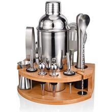Kit de barman 12 pièces avec support en bambou, shaker de 75 cl, outils de bar en acier inoxydable et livret de recettes – Convient à un usage