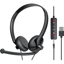 USB Headset with Mic for PC/Laptop – Wired Noise-Cancelling Headphones for Home Office, Online Classes, Skype & Zoom, Inline Mute Control