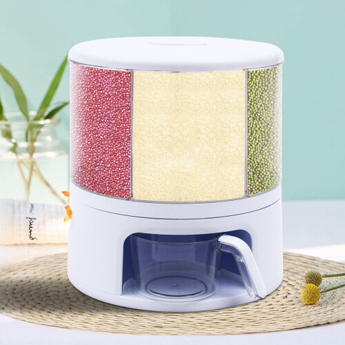 360 Rotating Grain Dispenser – 6-Compartment, 24lbs Capacity, Transparent PET, Easy Access, Space-Saving Kitchen Organizer 1