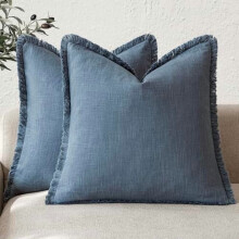 Set van 2 linnen kussenhoezen met franjes, 40x40 cm, donkerblauw, met kwastjes, landelijke stijl, geschikt voor standaard kussens.