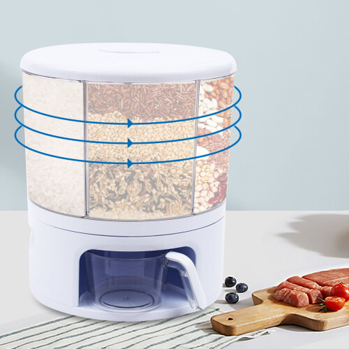 360 Rotating Grain Dispenser – 6-Compartment, 24lbs Capacity, Transparent PET, Easy Access, Space-Saving Kitchen Organizer 2