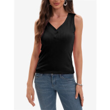 Blusas regata femininas com decote em V, sem mangas, caneladas e com botões, para o verão.