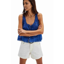 Dycnvjo Blusas de verano bohemias para mujer con lazo frontal, tops cortos de encaje y botones, sin mangas, de gasa y malla, Y2k2025Blue M
