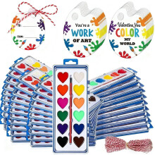 Set de acuarelas de 36 piezas para el Día de San Valentín: 16 pinturas lavables con forma de corazón, 24 tarjetas y cuerda roja. Compatible con