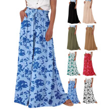 Pantalones de verano para mujer, de pierna ancha, cintura alta elástica con bolsillos, estilo boho, pantalones palazzo de playa, ideales para