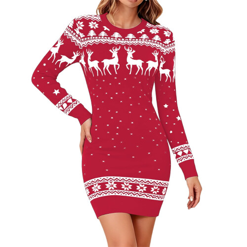Vestido acampanado con estampado navideño para mujer