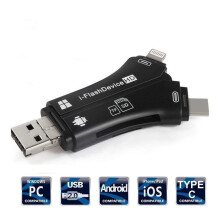 4-in-1 SD Card Reader compatible with iPhone, iPad, Mac, Android, PC — Supports SD/Micro SD, USB-C, Micro USB, USB-A, Black