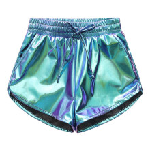 Shorts infantis brilhantes de cor sólida com cintura elástica e cordão para prática de dança e esportes.