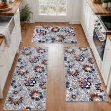 Boho køkkentæppesæt (3 dele) med løber, skridsikker og vaskbar, blomsterdesign til vask, entré, vaskerum – kompatibel med alle gulve