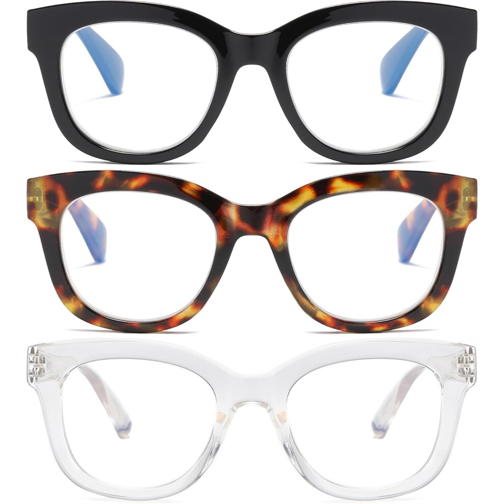Blue/Light 3 Pack Oversized Blocking Reading Glasses For Women, Retro Style Readers With Spring Hinge +1.50