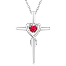 Halskette aus Sterlingsilber mit Rubin-Geburtsstein-Kreuz für Damen – Geburtsstein Juli, Herz-Kreuzanhänger mit Unendlichkeitssymbol, Geschenk
