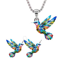 Modische Kolibri-Halskette und Ohrringe mit farbenfrohem Acrylanhänger für Damen