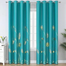 Teal Blackout Curtains 84" L, Gold Palm Grommet Design, Light Blocking & Thermal Insulated, 52Wx84L, 2 Panels