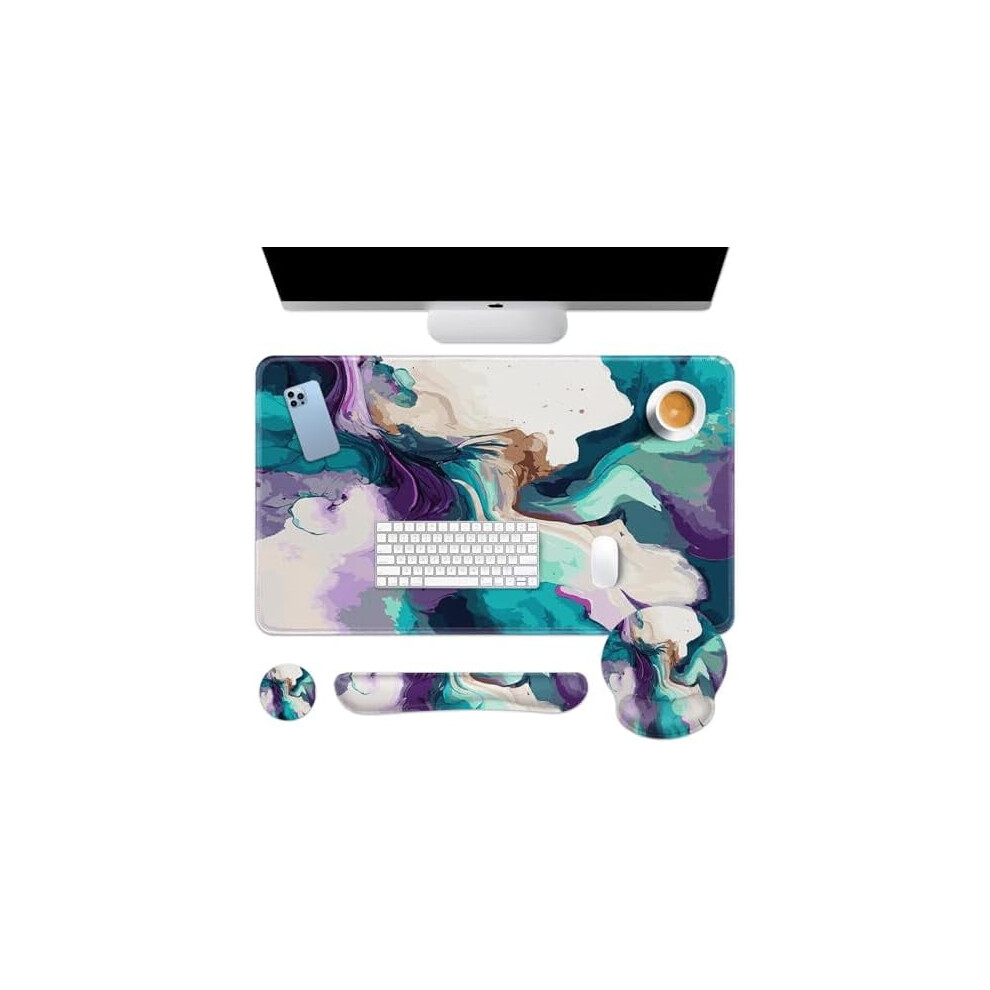 Teal & Liquid Marbling Keyboard Mouse Pad Set 4-In-1 (35.4X15.7"), Wrist Rests & Coaster, Ergonomic Design Purple 9313598876300