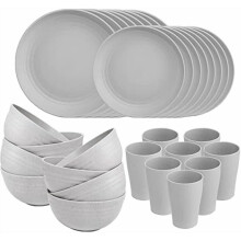 32-Pc Wheat Straw Dinnerware Set for 8: 16 Plates, 8 Bowls, 8 Cups – Reusable, Dishwasher Safe