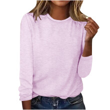 Camisetas de manga larga de poliéster para mujer, tops lisos para salir, cuello redondo
