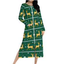 Naisten jouluinen yömekko hirvenlumihiutalekuviolla, mukava pitkähihainen raglan-yöpaita vetoketjulla ja taskuilla (koot S-2XL)