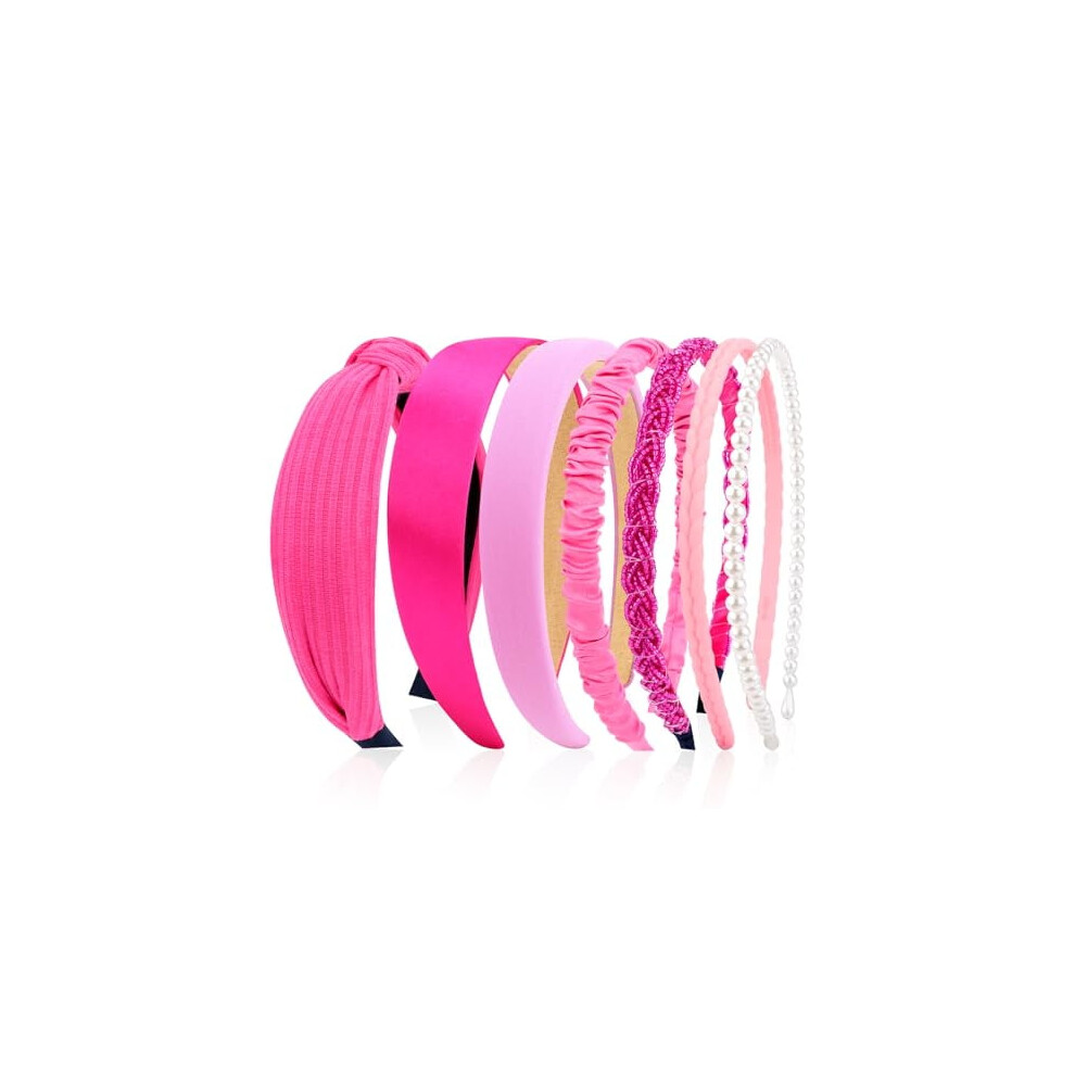 Unisex Pink,White 7Pcs Hot Pink Knotted Pearl Headbands For Women & Girls Â Non-Slip, Works With Thin/Thick/Short Hair