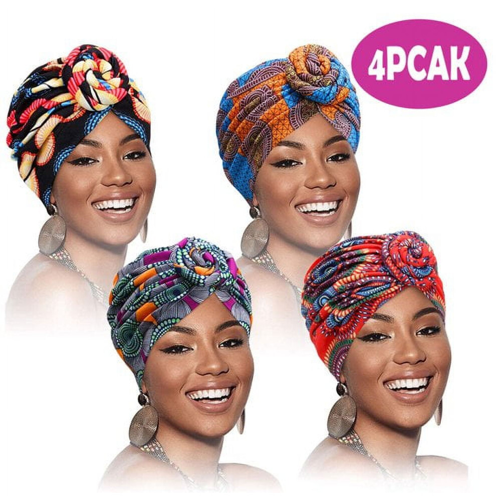 African Head wrap Headbands for Women Turbans Hair Wraps Headband Pre-Tied Pattern Bonnet Turban Knot Beanie Cover Head wrap Hat 4 PCS-image-OPC-PRF9HFR-NEW