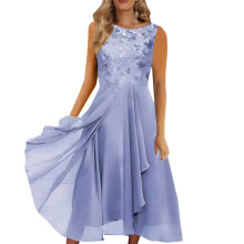 Damesjurken Damesjurk van chiffon met patchwork, ronde hals en paillettenprint, maxi-rok, lange jurk, blauw