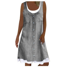 Spar penger på sommerkjoler! Damekjole i pluss størrelse med blomstertrykk, løs, todelt denim, svart XXL