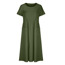 Vestido midi plissado de verão com mangas curtas, em algodão e linho, tamanho grande, para mulheres.