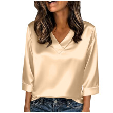 Damen-Top, lässiger, lockerer Satin-Pullover für Frühling und Sommer mit Dreiviertelärmeln und V-Ausschnitt, einfarbige, bequeme Bluse für Damen.