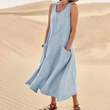 Sommerkleider für Damen, Leinen-Maxikleid, lässiges ärmelloses einfarbiges langes Sommerkleid, Urlaubskleid mit Taschen