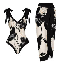 Badedrakt med sarong-overtrekk for kvinner, vintagetrykk, konservativt badetøy, strandskjørt, bikini-omslag, todelt sett, hvitt